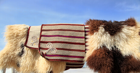 Handmade bags for storing bread and sheepskins against the sky.  Turkmenistan. Ashkhabad market. - 569216694