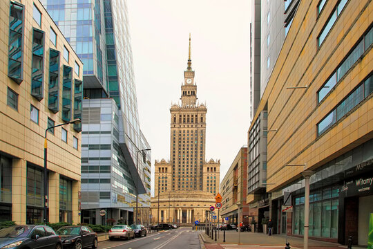 WARSAW, POLAND - FEBRUARY 23, 2020: View of the The Palace of Culture and Science, a Soviet-Era landmark building in Warsaw,