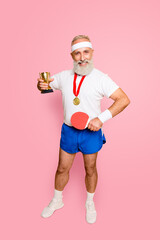Competetive cool healthy modern successful active grandpa with table tennis equipment. Healthcare, weight loss, bodycare lifestyle, motivation, activity, pride, hobby
