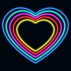 Colorful neon hearts, glowing heart shape sign, isolated on black background, vector illustration.