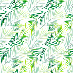 Naklejka na ściany i meble A pattern of palm leaves. Watercolor illustration. Collage. Mosaic. Tropical plants.