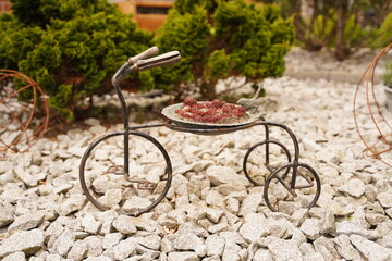 Miniature handmade metal vintage bike on the rocks in the garden. Original garden decor
