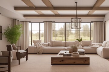 Fototapeta na wymiar Living room in Modern Farmhouse style with earth tone brown ai generative 3d rendering wall art display designer room