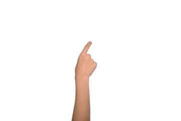 Hand of asian woman touching invisible screen on white background.