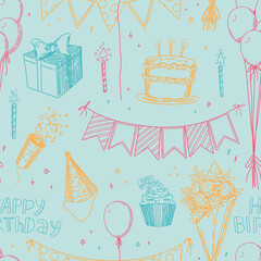 Birthday party vector seamless pattern. Outline illustrations of cake, candles, gift box, festive flags, bouquet, balloons. Bright retro style ornament.
