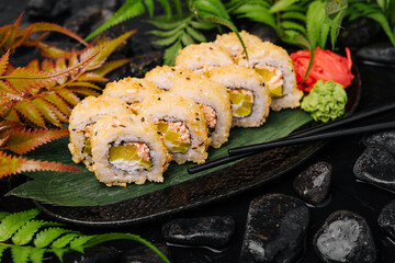 sushi rolls with mango and crab inside