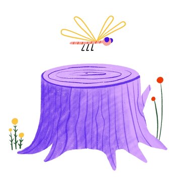 Cartoon Illustration of a Dragonfly and a Log