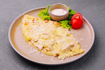 Pancakes stuffed chicken breast and cheese