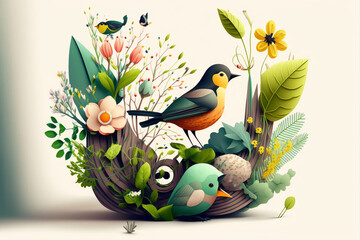 Ilustration of spring country with bird, created with Generative AI technology.