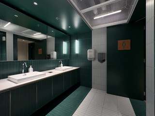 Contemporary interior of public toilet with Green tile walls