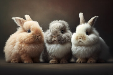 Ilustration of three small rabbits,Easter concept, created with Generative AI technology.