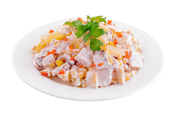 Ham salad with corn, cheese, tomatoes, Bulgarian pepper and lettuce