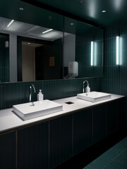 Contemporary interior of public toilet with Green tile walls