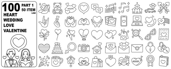 Fototapeta na wymiar Love Wedding Heart Valentine Icon Elements Line Outline Set 50 Item PART1