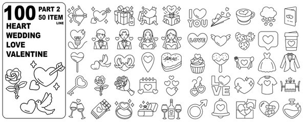 Fototapeta na wymiar Love Wedding Heart Valentine Icon Elements Line Set 50 Item PART2
