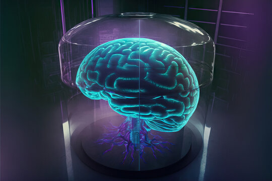 Glass vase with neon brain and water