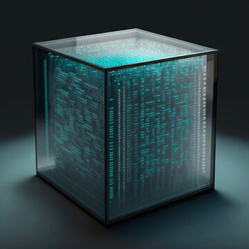 Glass cube with illuminated digital schemes
