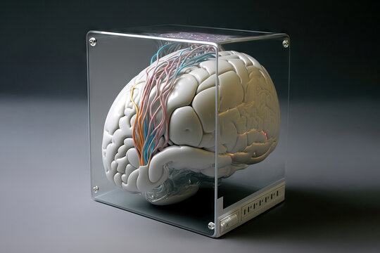 Brain with wires in glass box