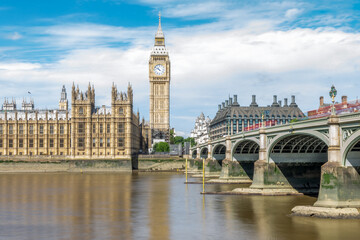 Fototapeta na wymiar Westminster bridge and Big Ben in London, UK. Long exposure with motion blur.