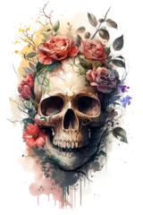 Stickers pour porte Crâne aquarelle Watercolor Floral Skulls Clipart PNG Sublimation, Transparent Skulls with Flowers, witch png, Flower skull Clipart, generative ai.