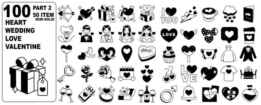 Love Wedding Heart Valentine Icon Elements Semi-Solid Set 50 Item PART2