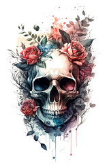 Watercolor Floral Skulls Clipart PNG Sublimation, Transparent Skulls with Flowers, witch png, Flower skull Clipart, generative ai.