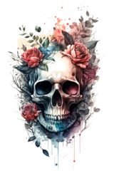 Stof per meter Aquarel doodshoofd Watercolor Floral Skulls Clipart PNG Sublimation, Transparent Skulls with Flowers, witch png, Flower skull Clipart, generative ai.