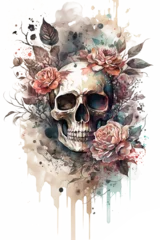 Papier Peint photo Autocollant Crâne aquarelle Watercolor Floral Skulls Clipart PNG Sublimation, Transparent Skulls with Flowers, witch png, Flower skull Clipart, generative ai.