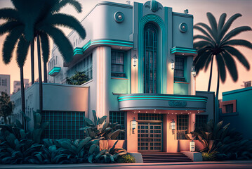 Art deco style building exterior, tropical, Florida, night. Generative AI