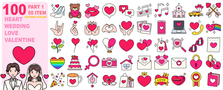 Love Wedding Heart Valentine Icon Elements Colored Outline Set 50 Item PART1