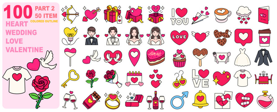 Love Wedding Heart Valentine Icon Elements Colored Outline Set 50 Item PART2