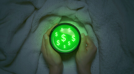 Hands holding a mug filled with dollars and green energy of money. Conceptual photo of growing finance, investment. Image of business profit and success. Protection finances