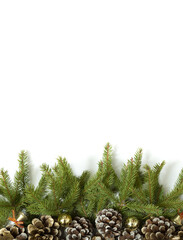 Winter or Christmas banner with a border of green fir tree twigs and cones isolated on a white background, copyspace for your text, flat lay, top view. Elements for greeting card. Holiday decorations