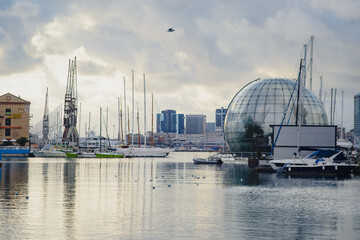 Bay and port in Genoa. Ligurian Sea in Europe, Italy. Water, seagulls, yachts, dome