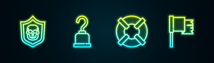 Set line Shield with pirate skull, Pirate hook, Lifebuoy and flag. Glowing neon icon. Vector