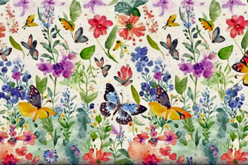 vintage style Watercolor floral seamless pattern  colorful butterflies. illustration. 