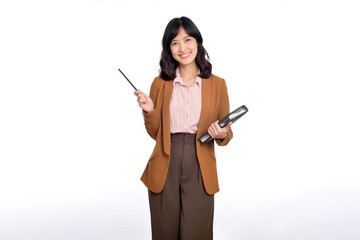 Happy young asian business woman holding notepad and pointing pencil up isolated on white background
