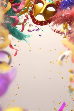 ilustration concept carnival abstract background party with mask, confetti, serpentine, generative AI
