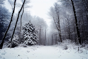snowy forest in nature trees