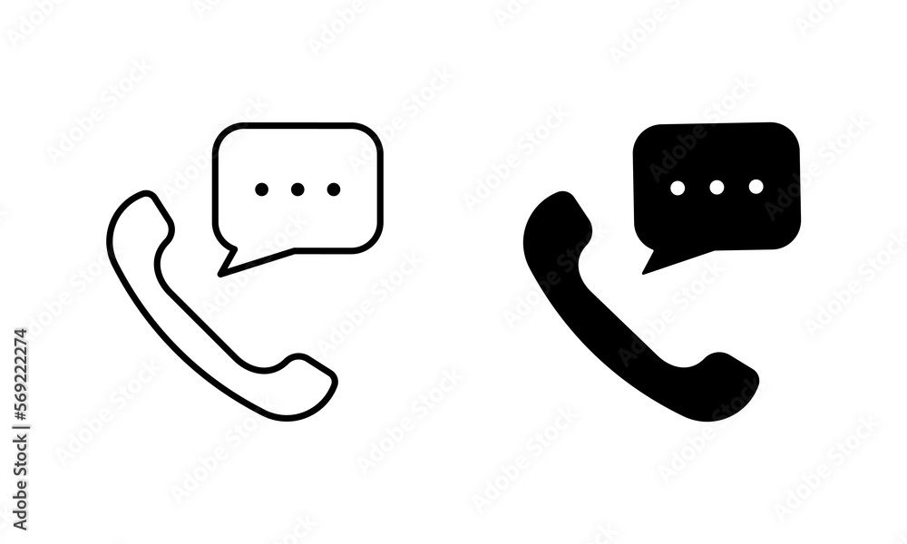 Poster handset call message silhouette and line icon set. telephone with speech bubble pictogram. web hotli