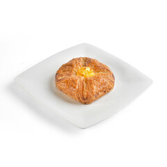 Peach danish pastries. A layered dessert made either of puff pastry or yeast-leaven dough. There are photo and vector versions for design idea. Puff pastry sheet is baked and added with peach jam