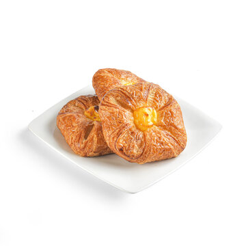 Peach danish pastries. A layered dessert made either of puff pastry or yeast-leaven dough. There are photo and vector versions for design idea. Puff pastry sheet is baked and added with peach jam