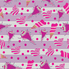 Vector seashells conical and helical shaped pink striped speckled seamless pattern background. Suitable for fabrics/ home-decor, wallpaper, giftwrapping and scrapbooking projects.