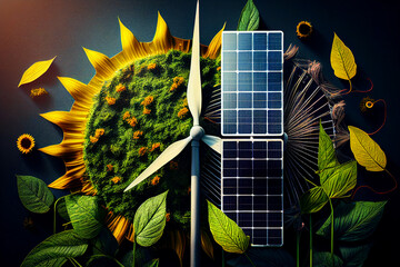 Solar panel and Wind Turbine, green energy. Wind energy, Solar energy from Photovoltaic solar panels. World Earth Day and Ecology environment. Renewable energy wind turbines and Solar panels.