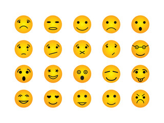 Emoticons and emoji face different face expression set, flat smiley emoticon seamless pattern set, vector illustration