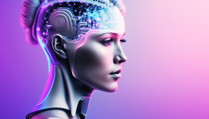 Generative AI side view of cyborg woman with bionic brain