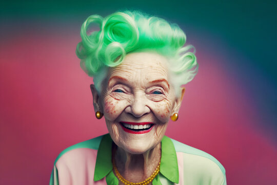 Generative AI old smiling lady headshot with green hair 