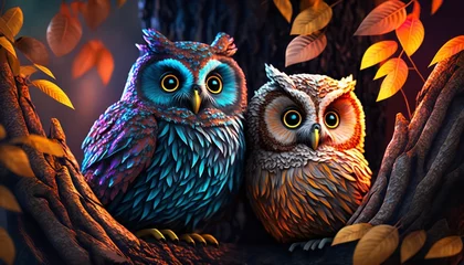 Rolgordijnen Illustration of an abstract multicolored owl in a tree in a forest. Generative Ai. © Concept Killer