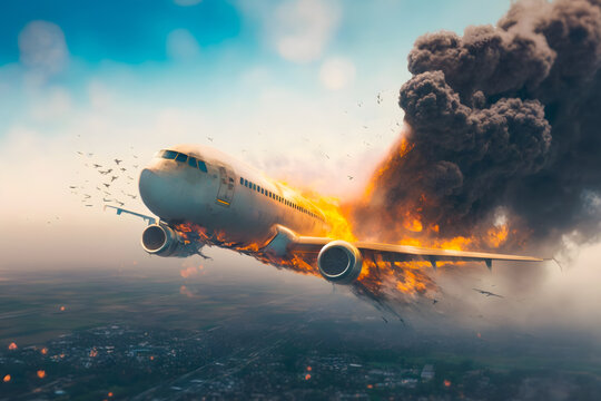 Exploded passenger plane in the sky engulfed in flames with black smoke catastrophe fall. Generative AI