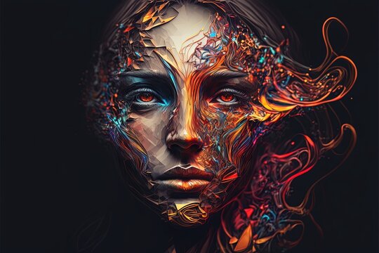 AI, Colorful abstract digital face 3d in beautiful style. Young woman face portrait in modern tech way. Bright luxury background. Digital art